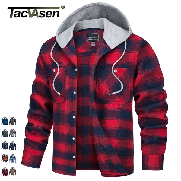 TACVASEN Men's Flannel Long Sleeve Hoodie Plaid Shirts Lightweight Cotton Button Down Casual Shirts with Pocket 2026 New Fashion