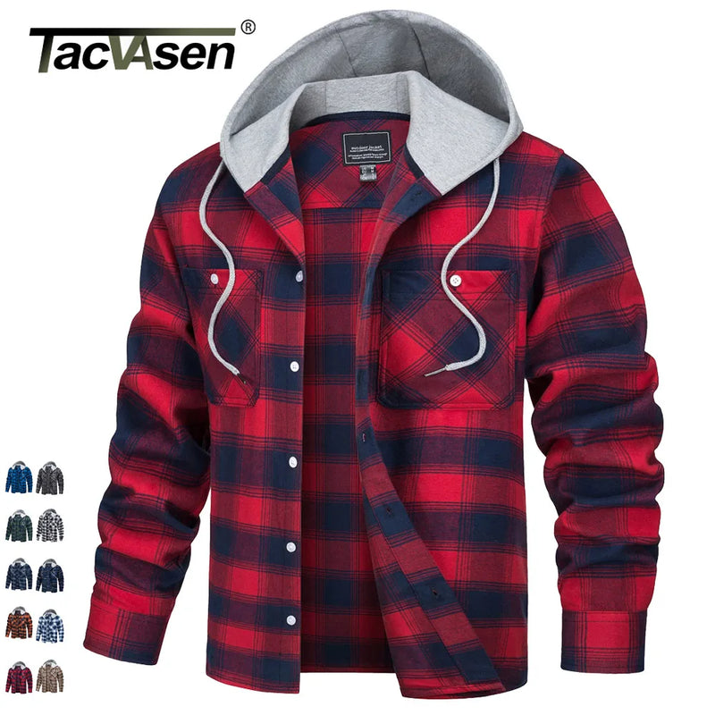 TACVASEN Men's Flannel Long Sleeve Hoodie Plaid Shirts Lightweight Cotton Button Down Casual Shirts with Pocket 2026 New Fashion