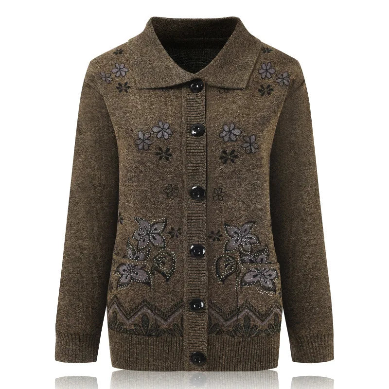 Print Mother Sweater Cardigan Top 60-80 Years Old Middle-Aged Elderly Women's Woolen Jacket Spring Autumn Knitted Shirt