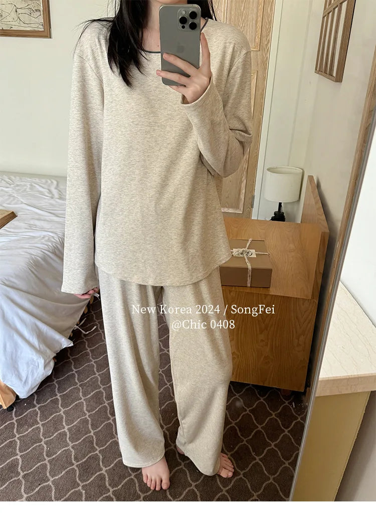 Korean Lazy Pajama Set For Women Autumn Winter Long Sleeved Home Clothes Skin Friendly Sleepwear Pyjamas Suit Lounge Nightwear