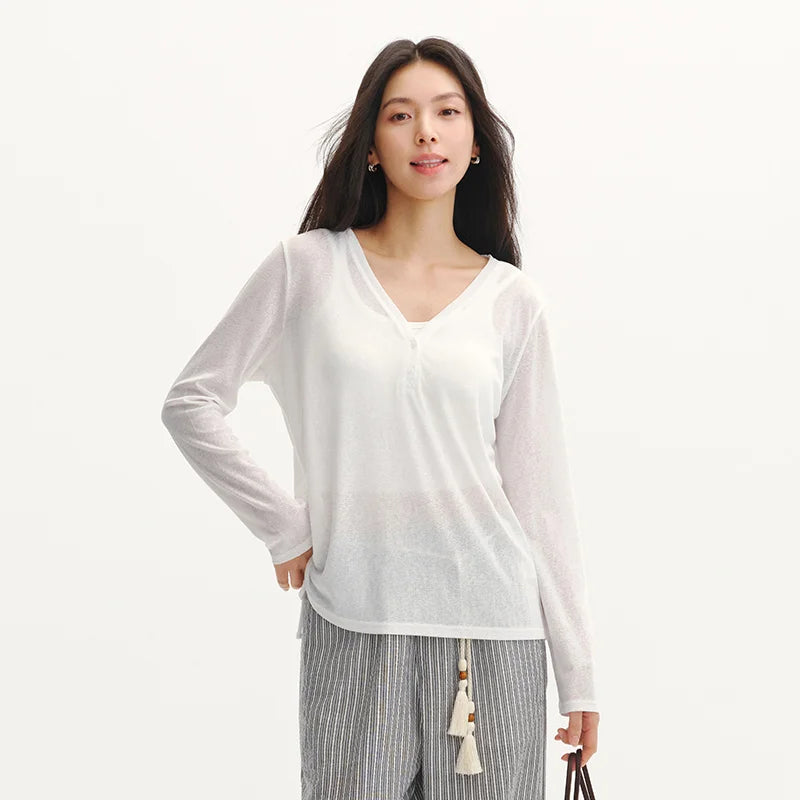 Semir Women Tshirt Solid 2026 V Neck Linen Look Loose Fit Drawstring Urban Casual Everyday Style Soft Comfortable Daily Wear