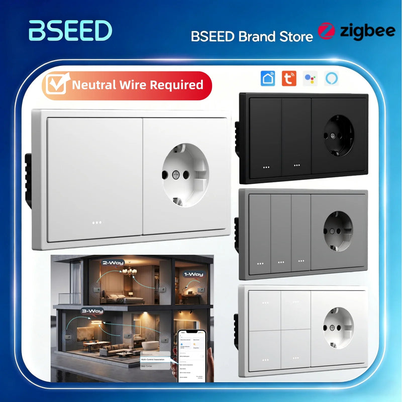BSEED Zigbee Click Switch 1/2/3/4Gang Smart Button Light Switch With EU Power Socket Plastic Frame Tuya Smart Life Alexa Control