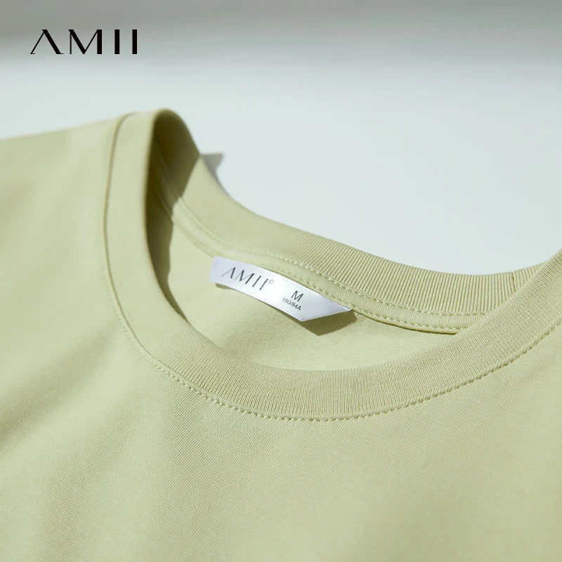 Amii Women's T-Shirt Minimalist 2026 Summer Casual Collegiate Style Slightly Elastic Short Sleeve Printed Lyocell Top 12512003