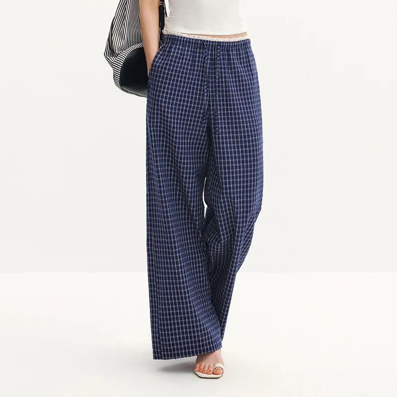 Semir Women Pants Plaid 2026 Textured Ruffle Trim Wide Leg Urban Casual Everyday Style Soft Comfortable Daily Wear Trendy