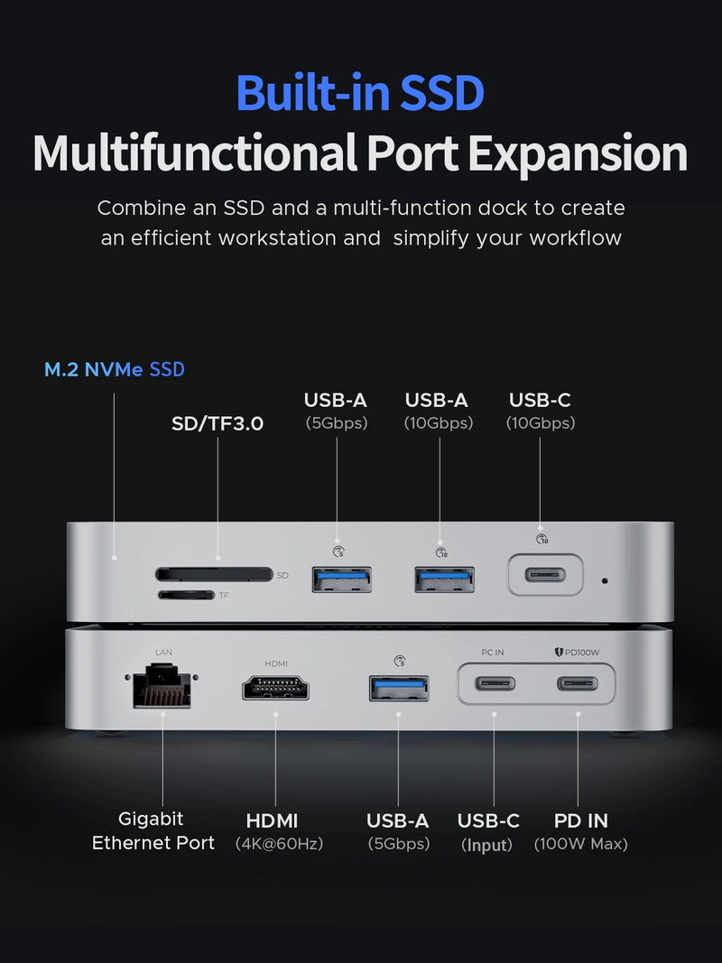 ORICO DataLink PSSD 2TB External SSD Docking Station Type C to HDMI-compatible Adapter 4K@60Hz USB3.2 Gen2 HUB for MacBook