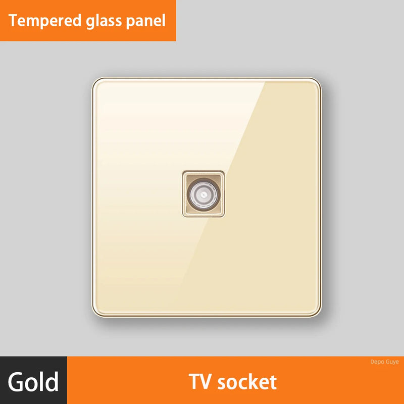 Luxury All Tempered Glass Wall Lamp Switch Button Golden UK Plug 13A Universal Wall Socket with Usb ,220V2gang2way Dimmer Switch