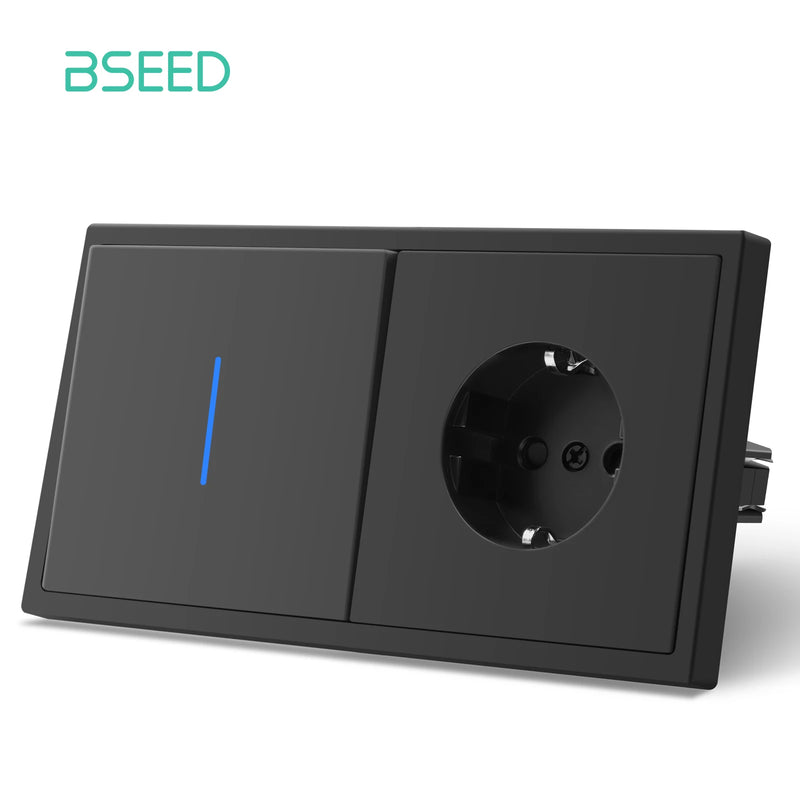 BSEED Button Switch 1/2Gang 1Way Wall Power Socket Wall Light Switch With LED Indicator Plastic Frame Switch Black Color