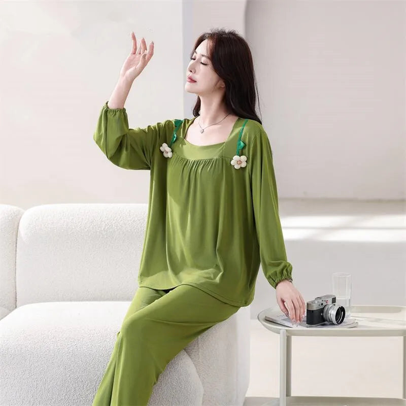 XL-6XL Spring Autumn Cotton Women's Pajamas Set New Long Sleeve Sleepwear Sleeping Suit Casual Ladies Nightwear Pyjamas Femme