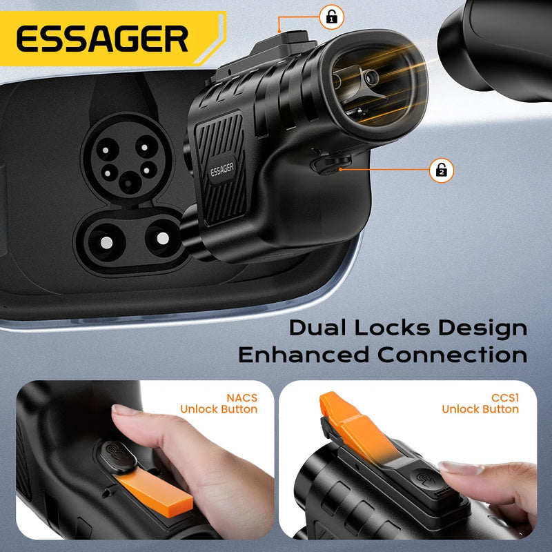 អាដាប់ទ័រ Essager NACS ទៅ CCS1 សមសម្រាប់ប្រព័ន្ធចាក់សោរស្វ័យប្រវត្តិរបស់ Volvo Ford សម្រាប់អាដាប់ទ័រសាកថ្ម Tesla Supercharger សមសម្រាប់ Tesla V1/V2/V3/V4 DC