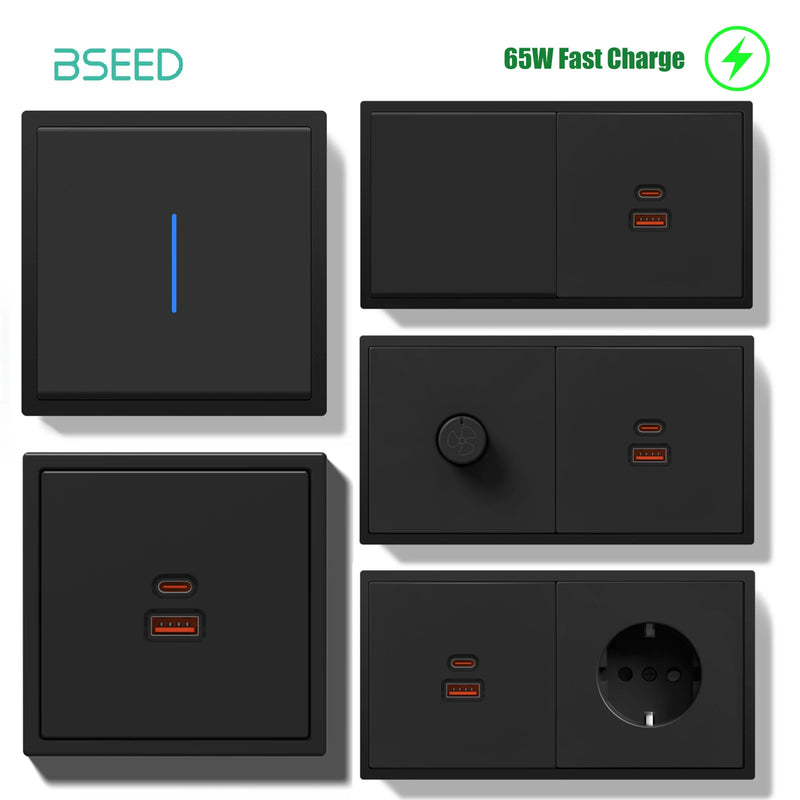 BSEED 1/2Gang 1Way Button Light Switch With 65W USB Type-C Fast Charge Socket Plastic Frame With LED Indicator Dimmer Switch