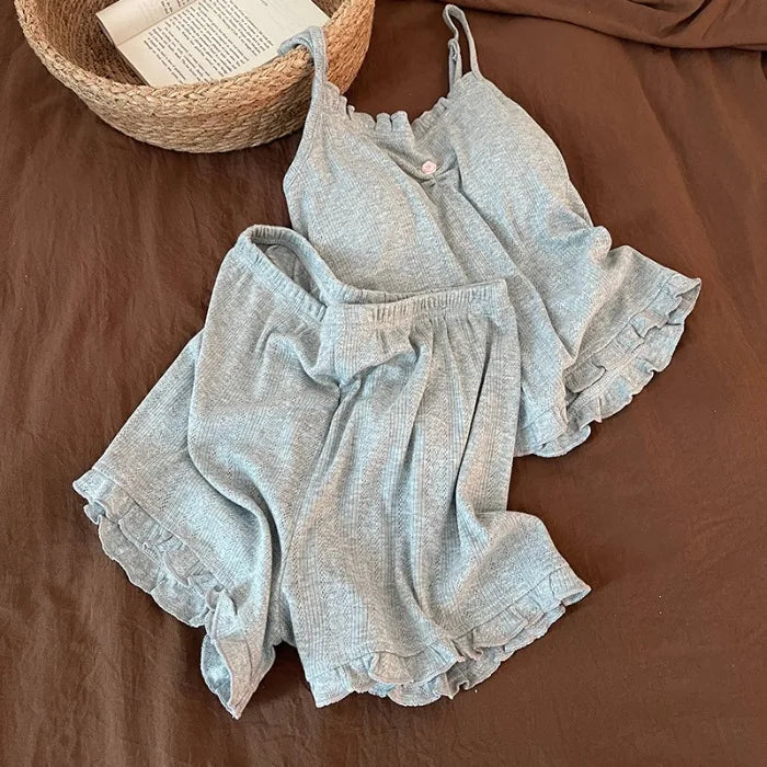 Chest Pad Pajamas Woman Summer Two-Piece Ladies Set Home Wear Sleepwear Cotton Women's Loungewear Sleeveless Pyjama Set Woman