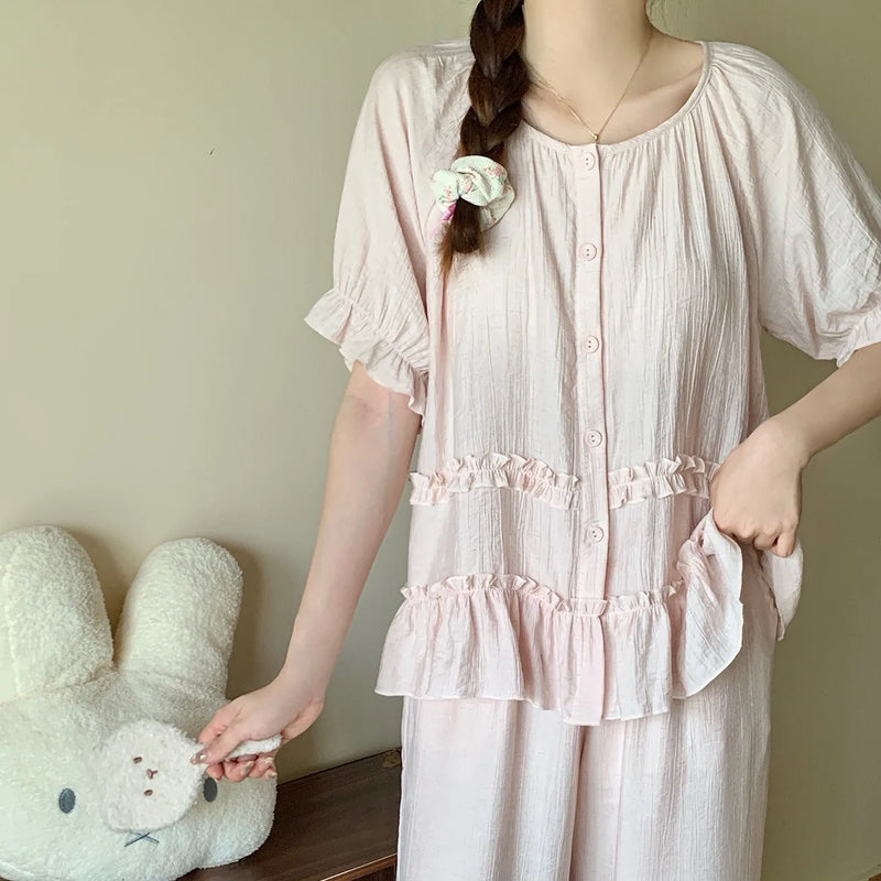 Summer New Short Sleeve Sleepwear Women's Button Cardigan Home Nightwear Casual Trousers Ladies Pajamas Suit Loungewear Pyjama