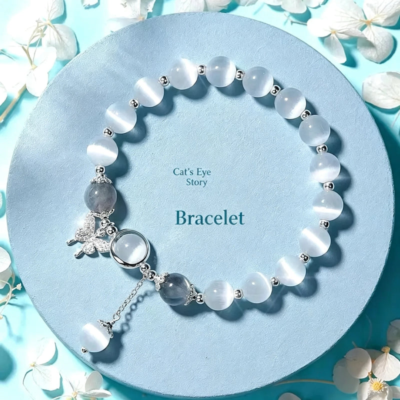White Cat Eye Stone Beaded Bracelet Silver Plated Butterfly Charm Bracelet Adjustable Tassel Dangle Crystal Bracelets for Women