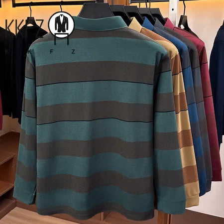 Autumn Basic Long Sleeve Polo Men Turn Down Collar Stripe Pattern Material Easy Matching Daily Commute Apparel