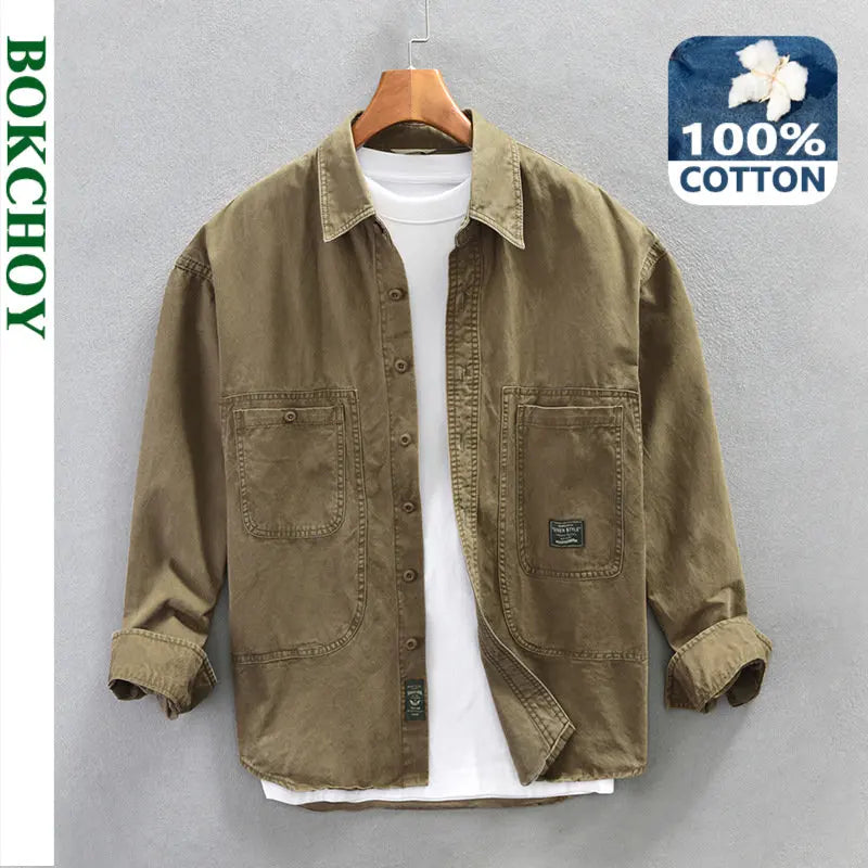 Spring Autumn New Cargo Casual 100% Cotton Long Sleeve Shirt for Men Big Pockets Loose Men Clothing AZ760