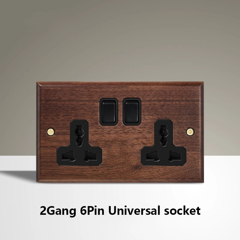 Black Walnut Wood Toggle Light Switch,Home retro Brass Panel,FR UK Universal Double USB Wall Electrical Socket Vintage Switch