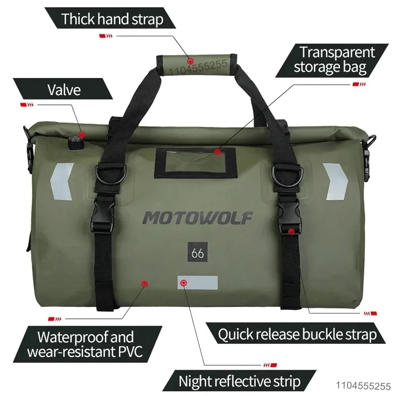 កាបូបម៉ូតូ Motowolf ទំហំ 66 លីត្រ កាបូបស្ពាយក្រោយការពារទឹក កាបូបសម្រាប់ជិះម៉ូតូកង់បី កាបូបសម្រាប់ដាក់ធុងសាំងសម្រាប់ធ្វើដំណើរ និងការពារការឆ្លុះពន្លឺ