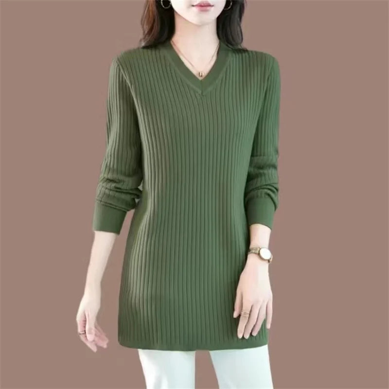 Solid Stretch Female Jumper Top Spring Autumn Large Size Knitted Sweater Women's Pullovers Casual V-Neck Long Knitwear Dress