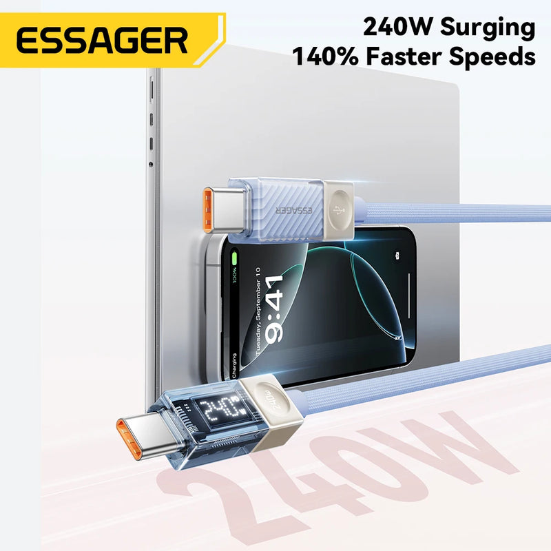 Essager 240W Type C to Type C Cable PD3.1 Digital Display Fast Charging USB C Cable for Macbook iPhone 17 16 15 Samsung Xiaomi