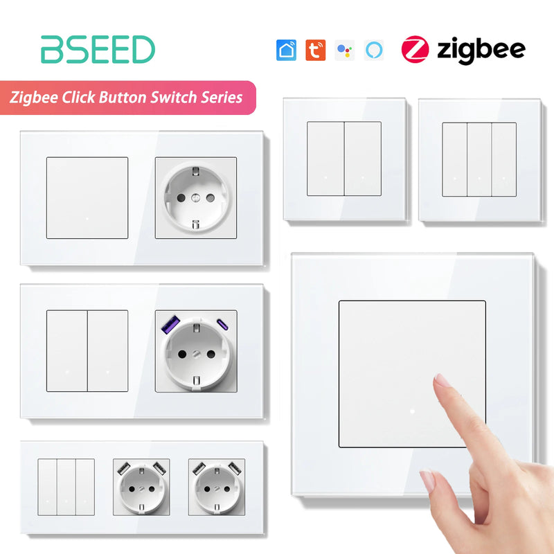 BSEED Zigbee Light Switch 1/2/3Gang 2Way Smart Click Button Switch Glass Panel White LED Indicator Tuya Smart Life Alexa Control