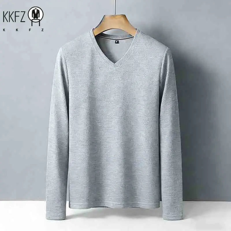 Men's Tan V-neck Long Sleeve Knit Top Classic Solid Color Everyday Outfit for All Ages