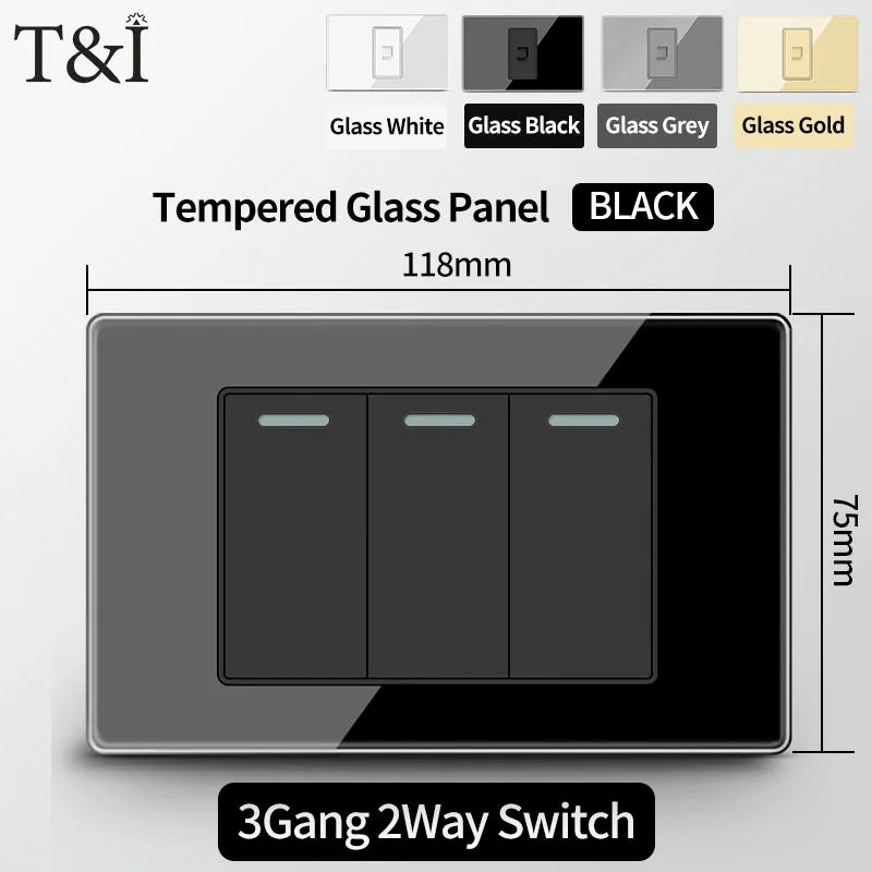 T&I Wall Switch Sockets With USB TypeC  Fast Charging, Italy Socket , Chile Schuko Outlet, Tempered Glass Panel for Home