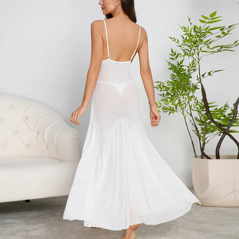 Strap Suspender Long Dress Swing Sexy Mesh Nightdress Night Wear Sleepwear Women Nightgowns Vestidos De Noche