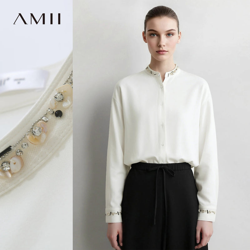 Amii Women Shirts 2026 Autumn New Loose-Fit Stand Collar Shirt Knitted Drop-Shoulder Long Sleeve Tops Casual Blouse 12623022