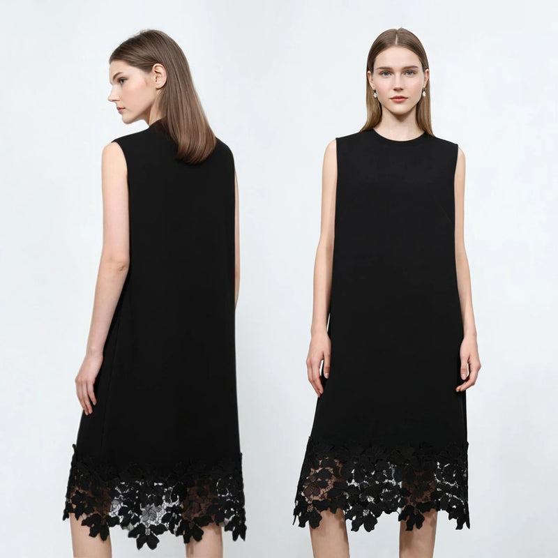 Amii Women's Dress 2026 Summer New Round Neck Patchwork Lace Trim Cotton Elegant Office Casual Midi Dress for Women 12652020