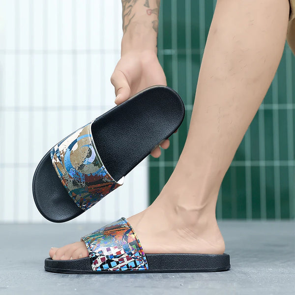 Couples Casual Oil Painting Wind Slippers Summer Soft-Sole Non-Slip Outdoor Beach Shoes Fashion Men and Women's Walking Sandals