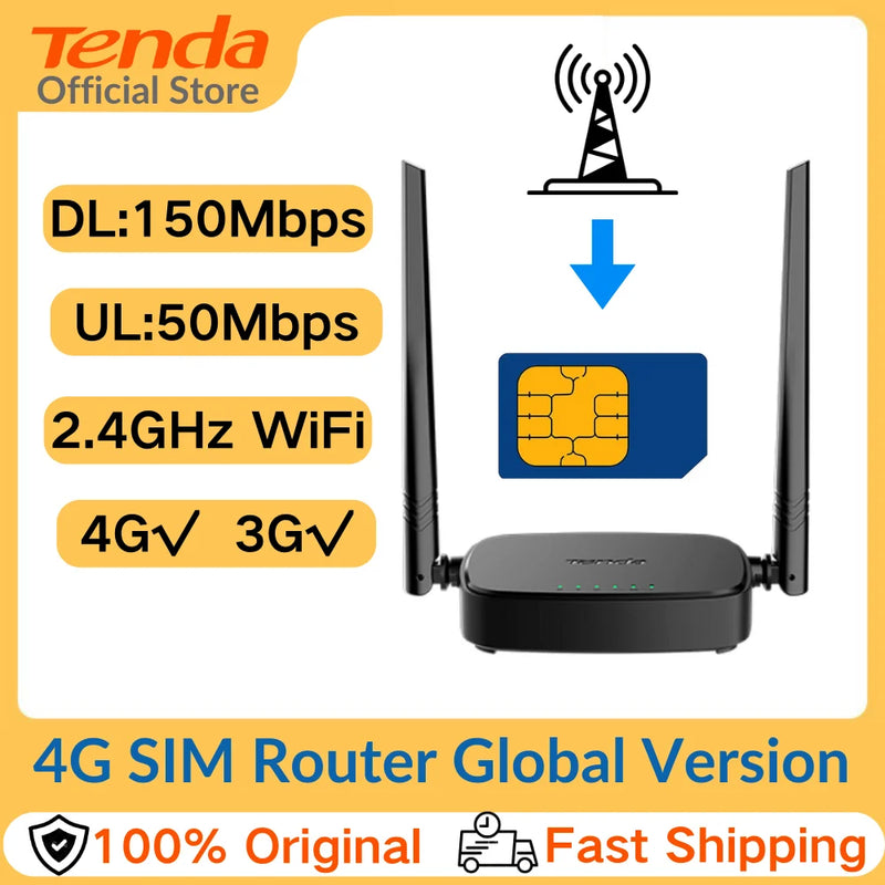 រ៉ោតទ័រ Tenda 4G SIM 4G03 Pro - រ៉ោតទ័រវ៉ាយហ្វាយចល័ត 3G/4G ប្រេកង់ឥតខ្សែ 2.4 GHz, LTE Cat4, រន្ធ LAN/WAN Ethernet លឿន, 2 * 4dBi