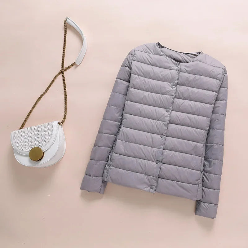 Winter Red Light/Thin Women's Round Neck Long Sleeve Jacket, White Blue Gray Khaki Available, Asian Size S-3XL Female Coat