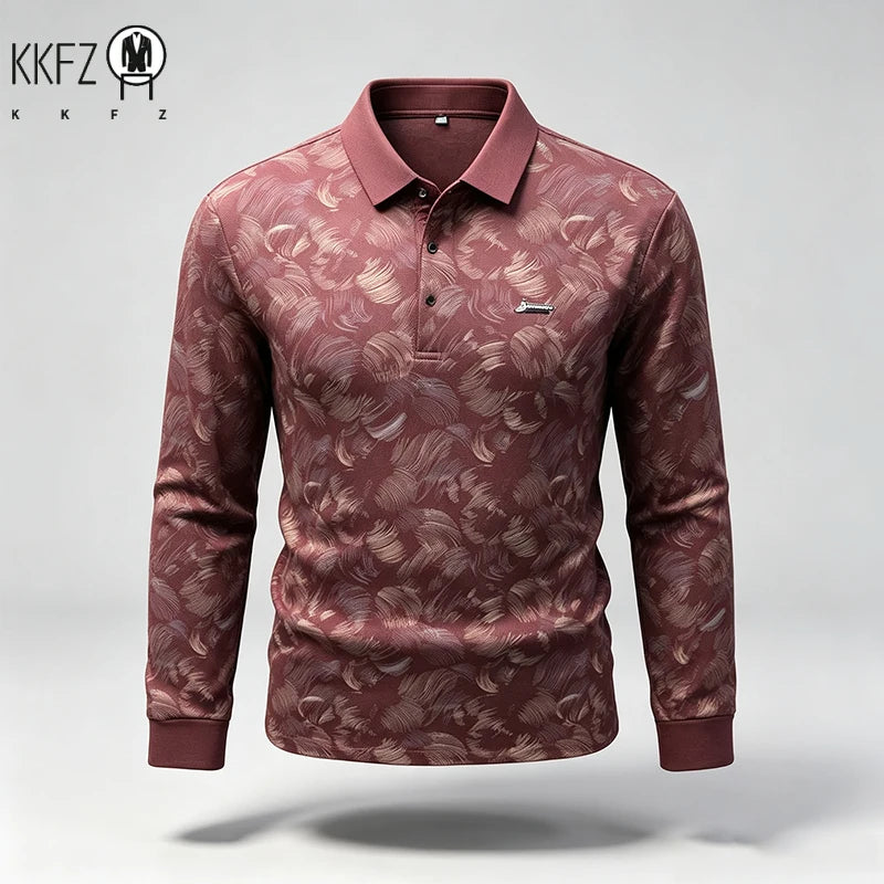 Mens Turn Collar Polo Long Sleeve Tops Premium Printed Material Button Closure Small Logo Decoration Male Clothing