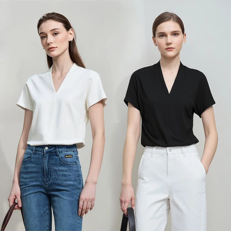 អាវយឺត AMII Minimalism រដូវក្តៅឆ្នាំ ២០២៦ សម្រាប់នារី រចនាបថបុរាណ ក V ដៃខ្លី អាវ និងអាវយឺតលាត 12312013