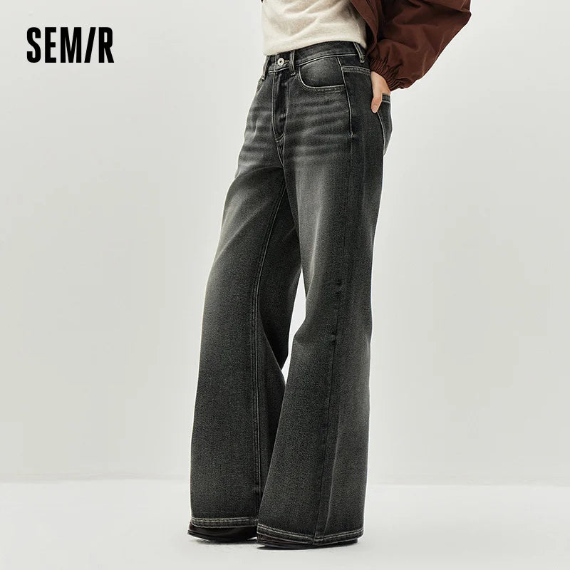 Semir Women Jeans Belted Fleece Lined Flared Loose Fit Distressed Wash 2026 Vintage HighWaist Streetwear Denim Pants