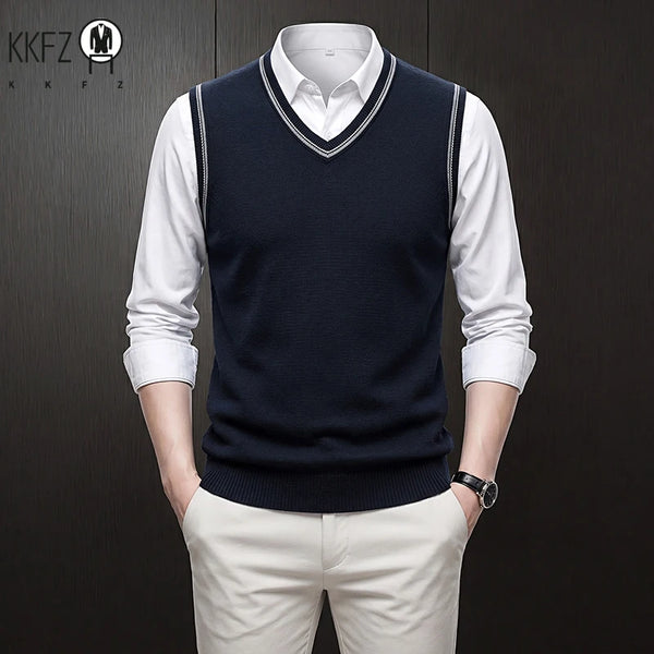 Mens Sleeveless V Neck Knit Sweater Vest Contrast Rib Edge Soft Elastic Knitwear Formal Office Layering Tank Top Fall