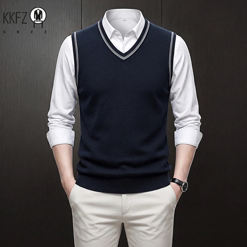 Mens Sleeveless V Neck Knit Sweater Vest Contrast Rib Edge Soft Elastic Knitwear Formal Office Layering Tank Top Fall