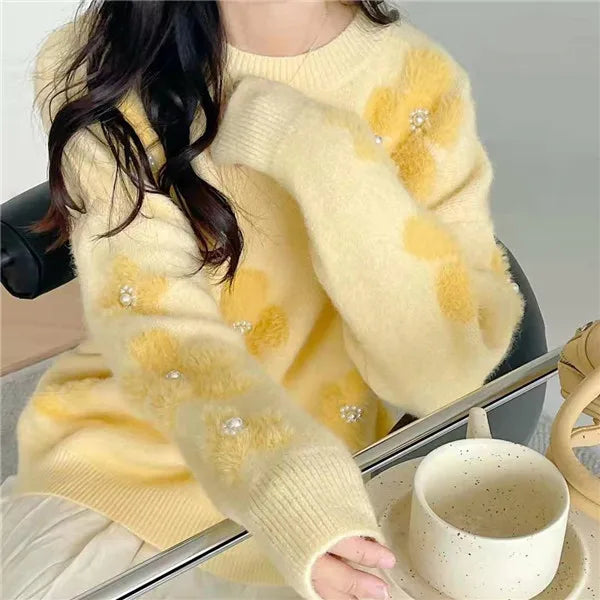 Lazy Wind Soft Glutinous Sweet Sweater Women's Autumn Winter New Korean Loose Beaded Flower Knitted Tops Ladies Pullover