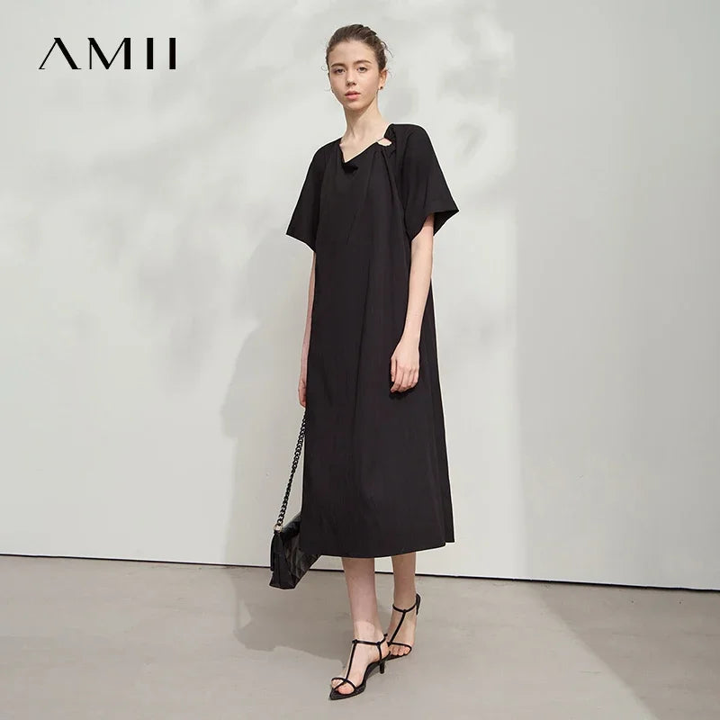 AMII Minimalist Women's Dress Raglan Sleeve 2026 Summer Short Sleeve Solid Swing Collar Hollow Out Loose Female Dress 12551030