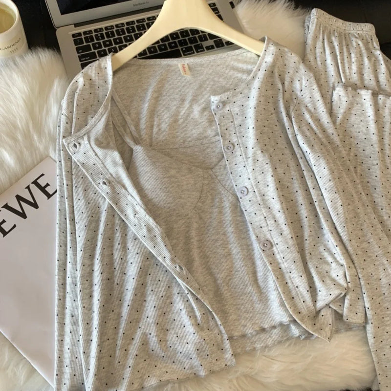 Women’s Loungewear Chest Pads Pajamas Nightwear for Woman Spring Autumn 3 Pieces Pyjama Female Clothing Comfort for Homewear