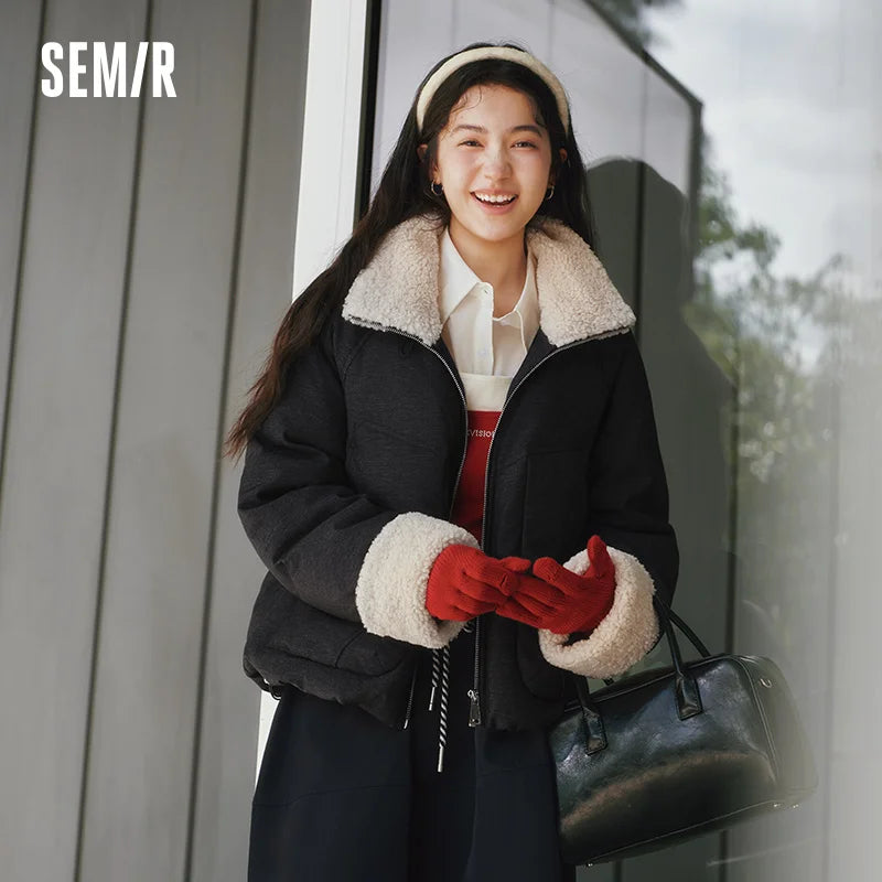 Semir Down Jacket Women Winter Faux Denim Patchwork Fleece 80% Down Fill Raglan Sleeve 2025 New Fashion Retro Outerwear