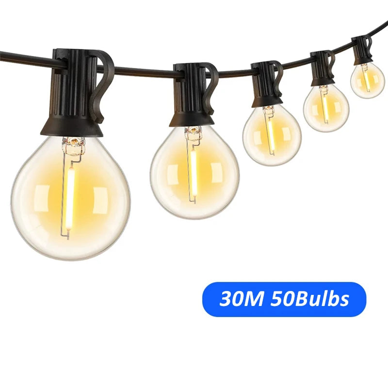 ភ្លើងខ្សែ LED ក្រៅផ្ទះ G40 អំពូលភ្លើង Patio ដែលអាចបន្ថយពន្លឺបាន ភ្លើងខ្សែព្យួរការពារទឹកជ្រាប ជាមួយអំពូលពណ៌សក្តៅ ធន់នឹងការបែក