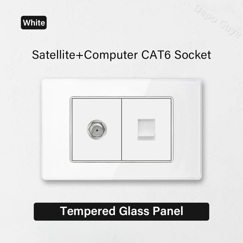 White Tempered Glass Panel Wall Light Switch Rocker Button EU Sockets Fast Charging CAT6 TV Power Outlet 118*75mm 16A AC110-250V
