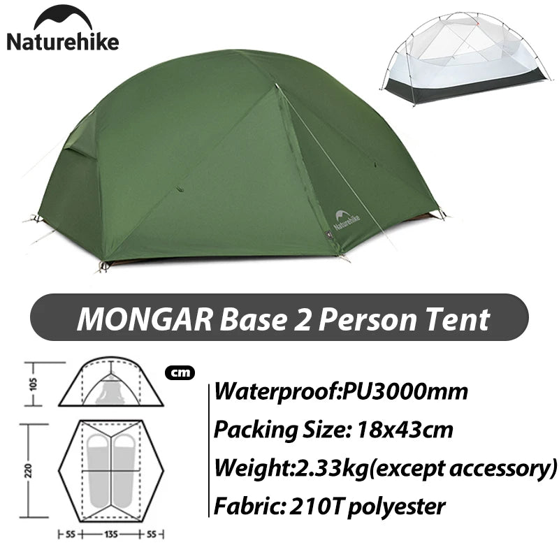 Naturehike New 2026 Mongar Base Outdoor Double Layer 210T 2/3Person Tent Ultra Light Hiking Waterproof Tent Outdoor Camping Tent