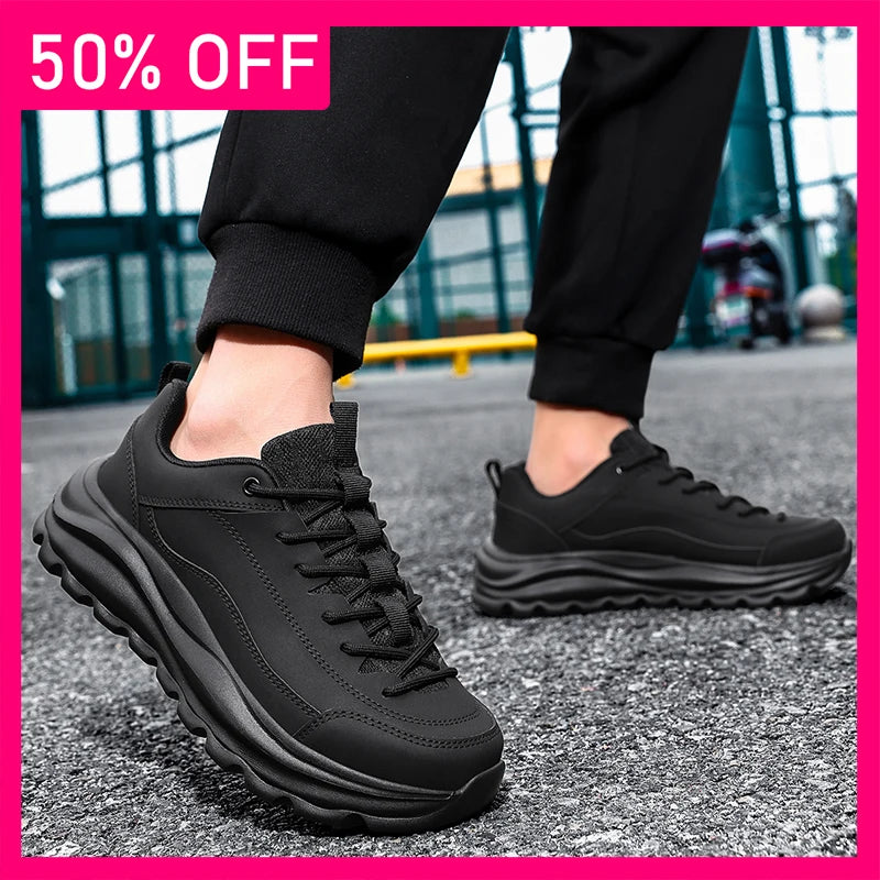 Men Sports Shoes Trendy Black Leather Comfortable Breathable Thick Bottom Rebound Youth Daily Wear Outdoor Running Casual Shoes