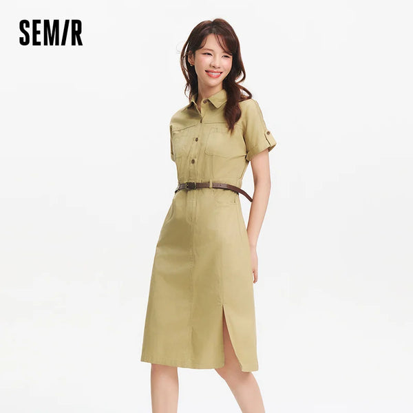 អាវរ៉ូបស្ត្រី Semir កអាវកប្បាសរន្ធខ្សែក្រវាត់មីឌីស្លីមវីនថេចសម្លៀកបំពាក់ទីក្រុងសម្រាប់ធ្វើការរដូវក្តៅឆ្នាំ ២០២៦ អាវការិយាល័យទាន់សម័យ