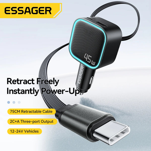 ឆ្នាំងសាករថយន្ត ESSAGER 45W ជាមួយខ្សែរ 75CM អាចដកថយបាន PD សាកថ្មលឿន 3 រន្ធ USB C & A សម្រាប់ iPhone 17 16 15 Huawei iPad