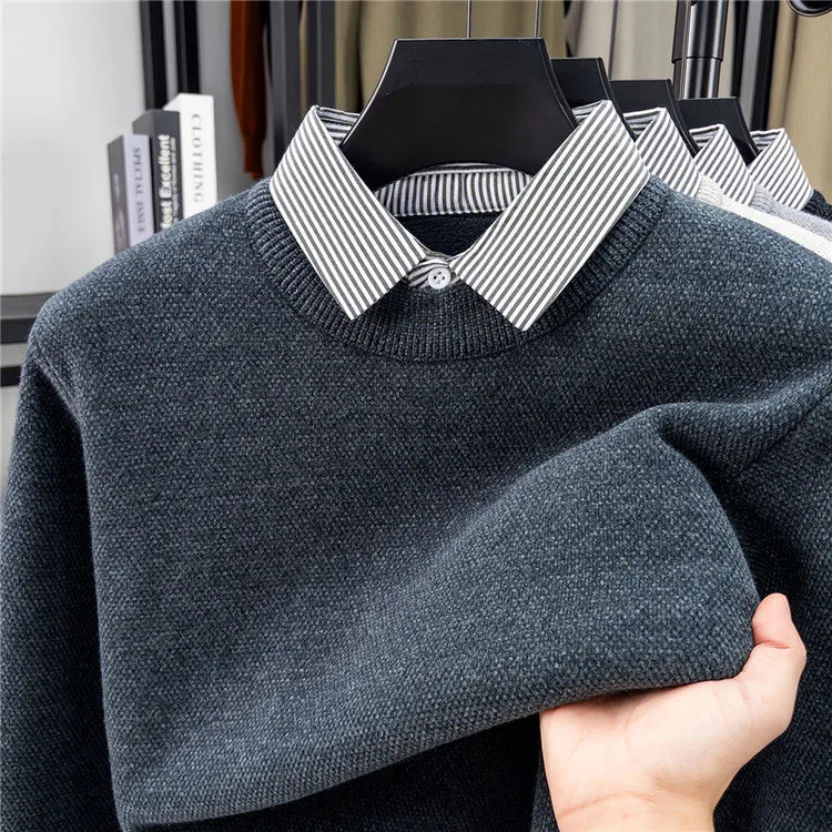 Men's Faux Two-Layer Sweater, Plaid Collar Thickened Warm, Gold Medal Quality, Thickened Collar Pullover Shirt