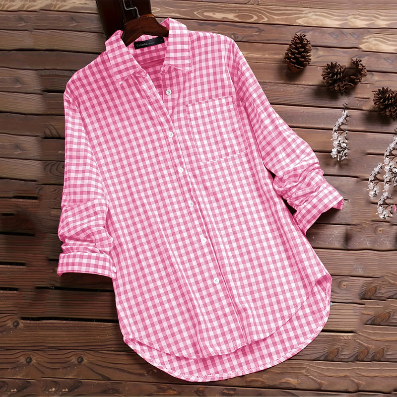 2027 New Women's Long-Sleeve Checkered Shirt, Available in Black, Gray, Blue, Red, and Pink.