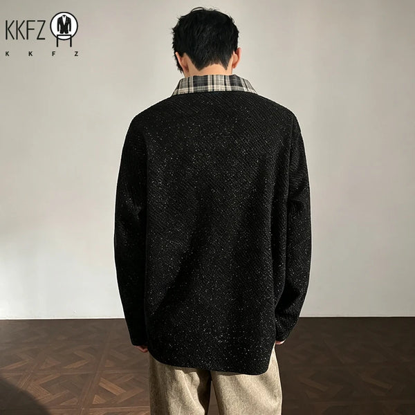 Mens V Neck Corduroy Pullover With Plaid Lapel Collar Long Sleeve Diagonal Texture Loose Casual Autumn Top